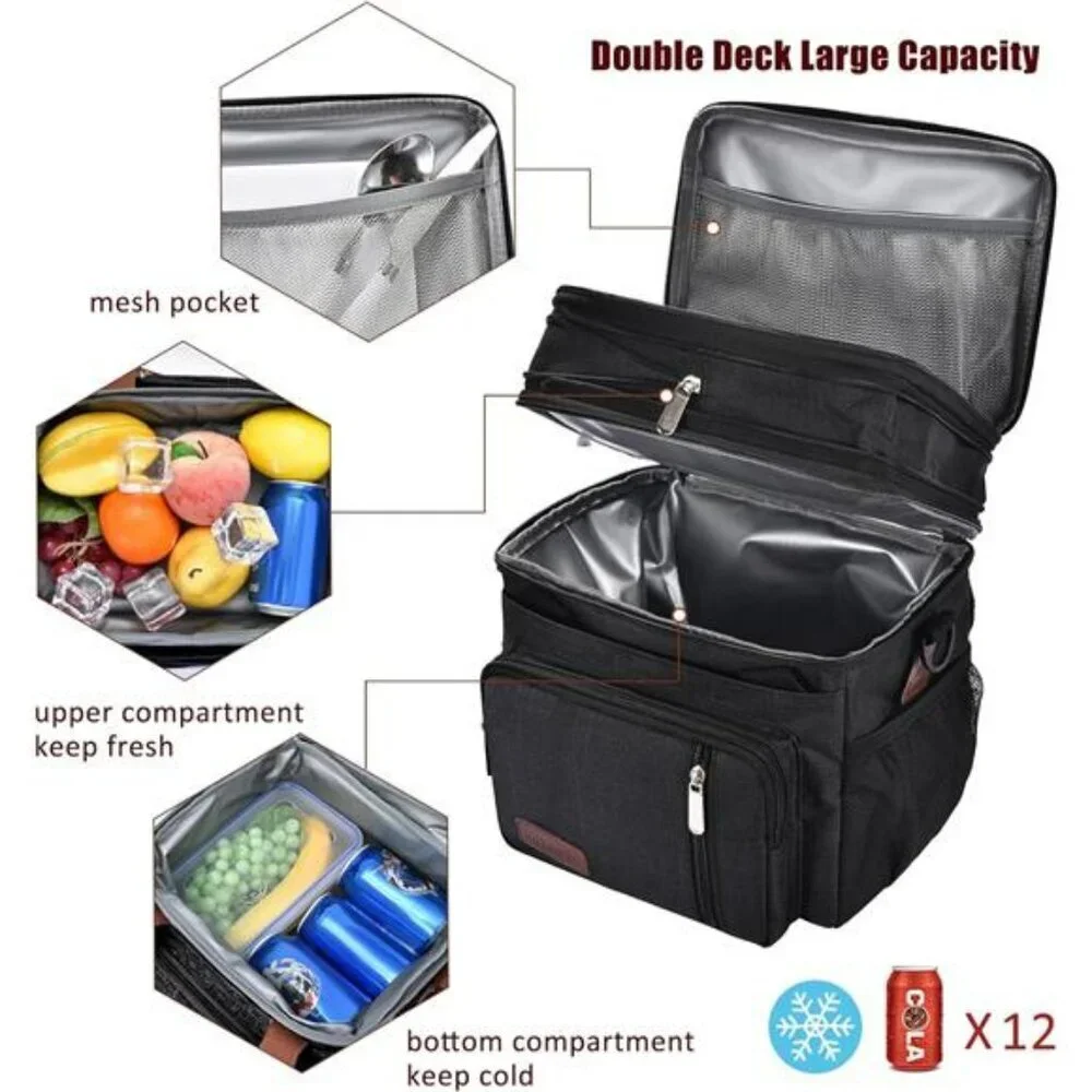insulated lunch bag double deck leakproof cooler tote for work picnic travel Lar